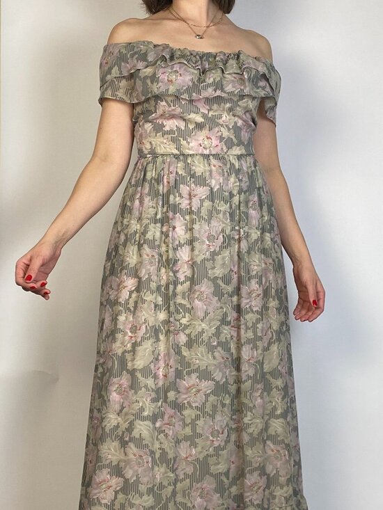 Vintage 1970s DREAMY Striped FLORAL Gown -- Small - Picture 8 of 10